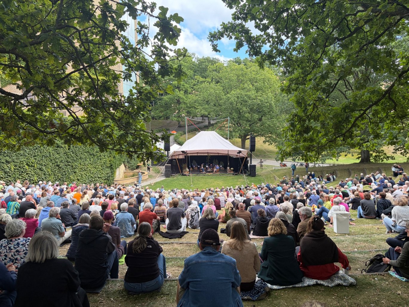 Stort publikum sidder på græsset foran Amfiscenen under PARK Vidensfestival.