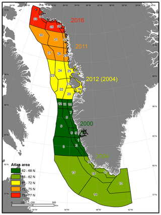 Atlas areas covering the west coast of Greenland
